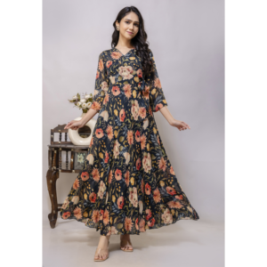 Deep Green Long Flared Chinon Floral Printed Evening Gown, SA11