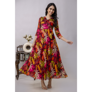 Rust Brown Long Flared Chinon Floral Printed Evening Gown, SA12