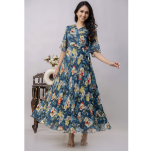 Teal Blue Long Flared Chinon Floral Printed Evening Gown, SA13