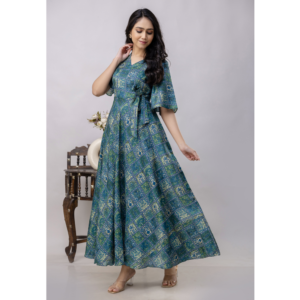 Green Long Flared Silk Blend Floral Printed Evening Gown, SA14