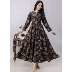 Black Long Rayon Blend Foil Floral Printed Evening Gown, SA15