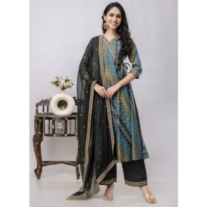 Fern Green Rayon Blend A line Foil Printed Embroidered Long Kurta with Pant and Fancy Dupatta, SA16