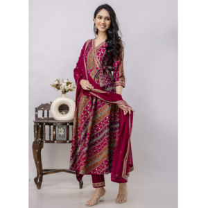 Strawberry Pink Rayon Blend A line Foil Printed Embroidered Long Kurta with Pant and Fancy Dupatta, SA17