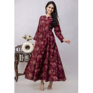 Wine Long Rayon Blend Foil Floral Printed Evening Gown, SA18