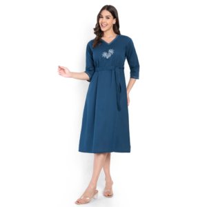 Teal Blue Cotton Embroidered Dress, SA2