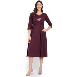 Wine Colour Cotton Embroidered Dress, SA3