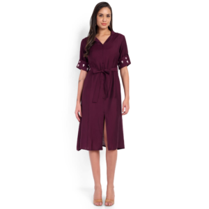 Wine Coloured Cotton Viscose Blend Dress, SA5