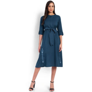 Teal Blue Colour Cotton Embroidered Dress, SA7