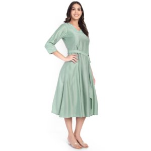 Mint Green Cotton Silk Blend A-Line Embroidered Dress, SA8