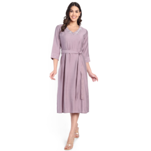 Pastel Lavender Cotton Silk Blend A-line Embroidered Dress, SA9