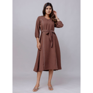 Chocolate Brown Linen Blend A line Dress, SA10