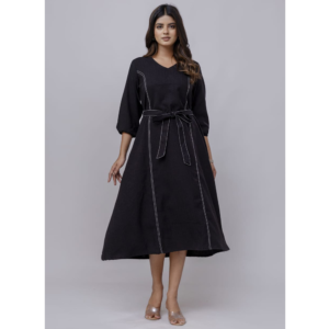 Black Linen Blend A line Dress, SA23