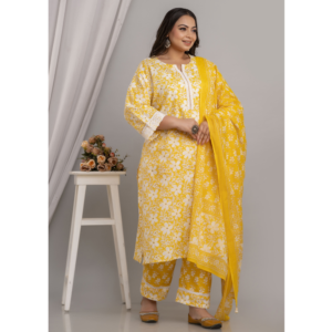 Pure Cotton Yellow Printed kurta Pant Dupatta Set for Women, SAP1