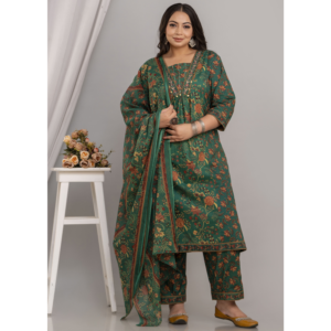 Pure Cotton Forest Green Printed Kurta Pant Dupatta Set for Women, Plus Size, SAP2