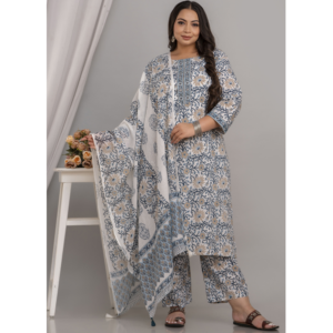 Pure Cotton White and Grey Printed kurta Pant Dupatta Set for Women, Plus Size, SAP3