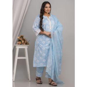 Pure Cotton Sky Blue Printed kurta Pant Dupatta Set for Women, Plus Size, SAP4