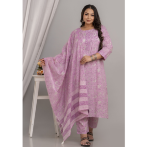 Pure Cotton Pastel Lavender Printed kurta Pant Dupatta Set for Women, Plus Size, SAP5