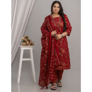 Pure Cotton Deep Red Printed kurta Pant Dupatta Set for Women, Plus Size, SAP6